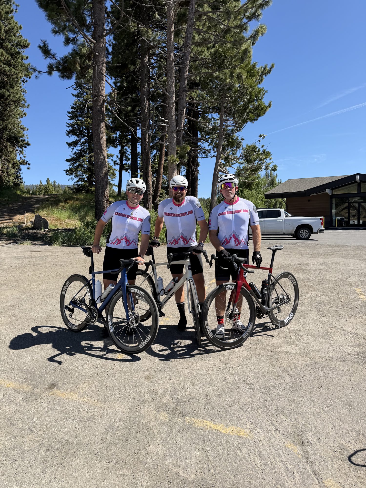 Three riders with ENVE bikes at a Tahoe rest stop